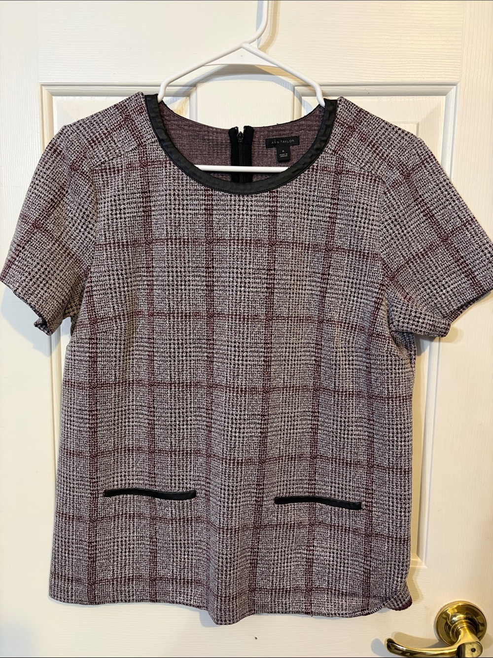 Ann Taylor Wine and Gray Plaid Short-Sleeve Tunic
